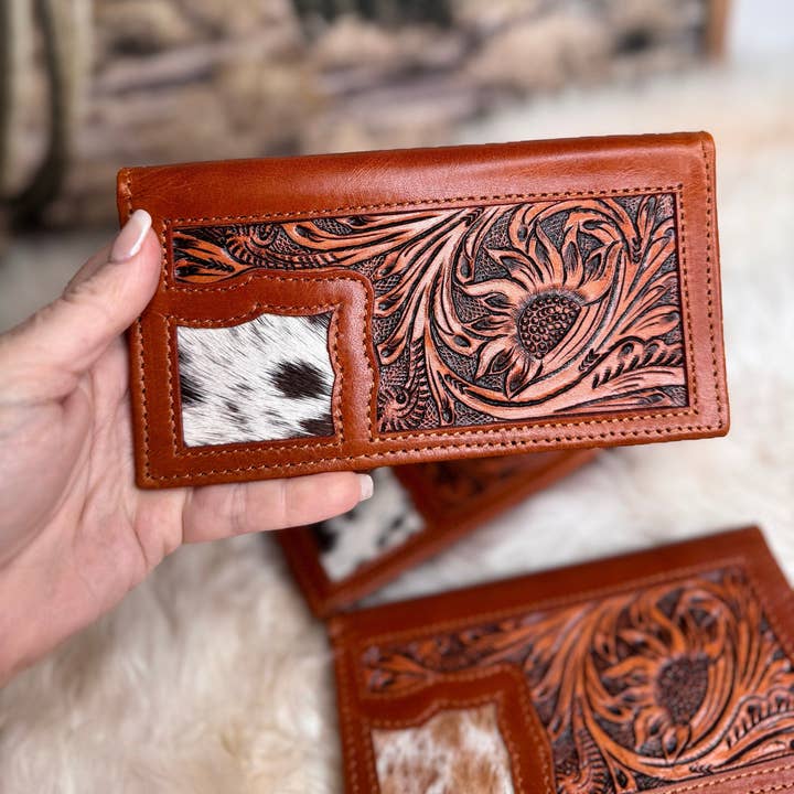 Custom Branded Checkbook style Wallet, Mens or Women's, Western Wallet, Cowhide, Tooled Leather, Gifts for Dad, Farm Brand, Cattle Brand and other Purchase Wholesale custom wallets. Free Returns & Net 60 Terms on Faire trending on Faire.