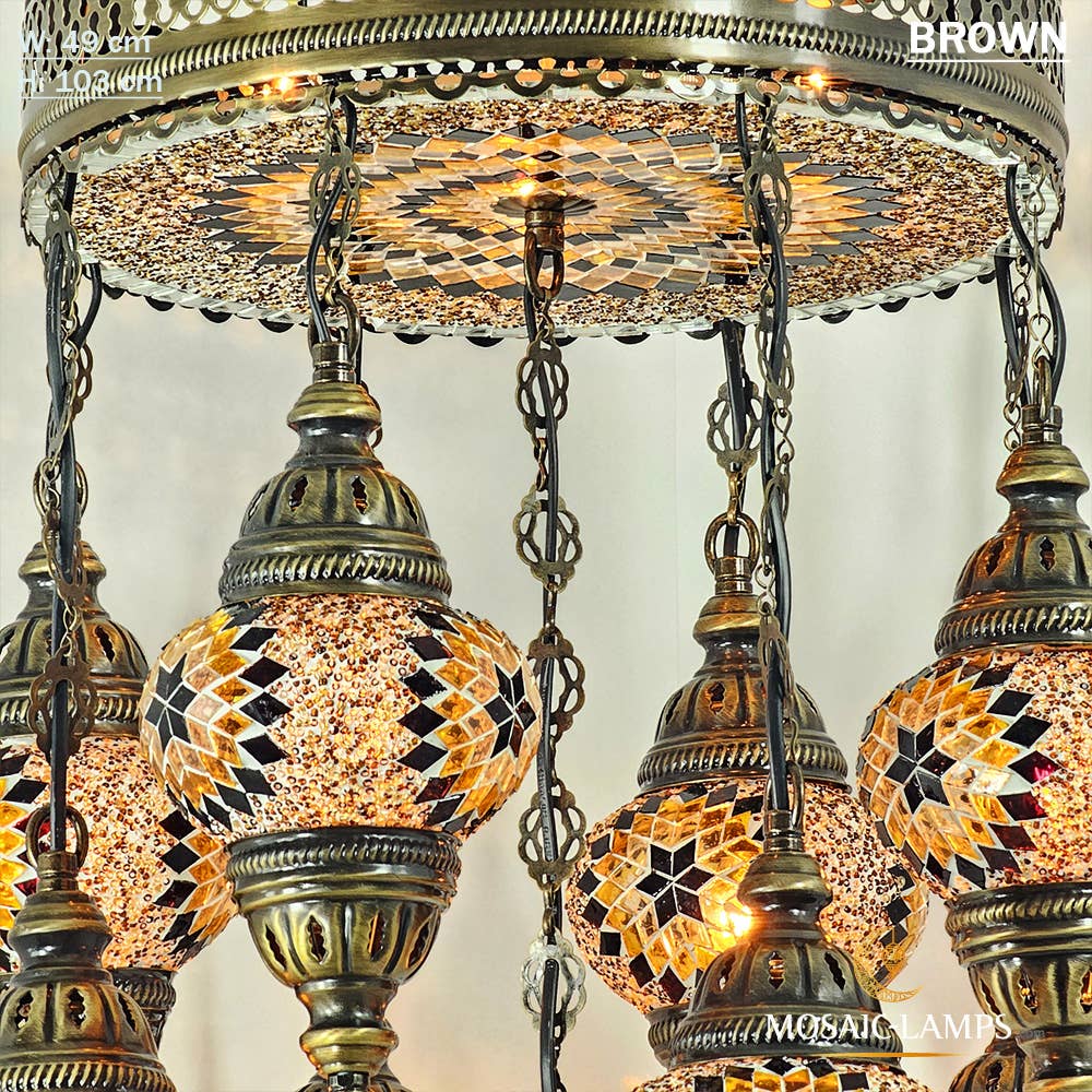 Mosaic Lamps – Großhandel Kronleuchter/Hängeleuchte – 9+1 türkische Kronleuchter mit gemischtem Globusmosaik, gemischte Siedlung6