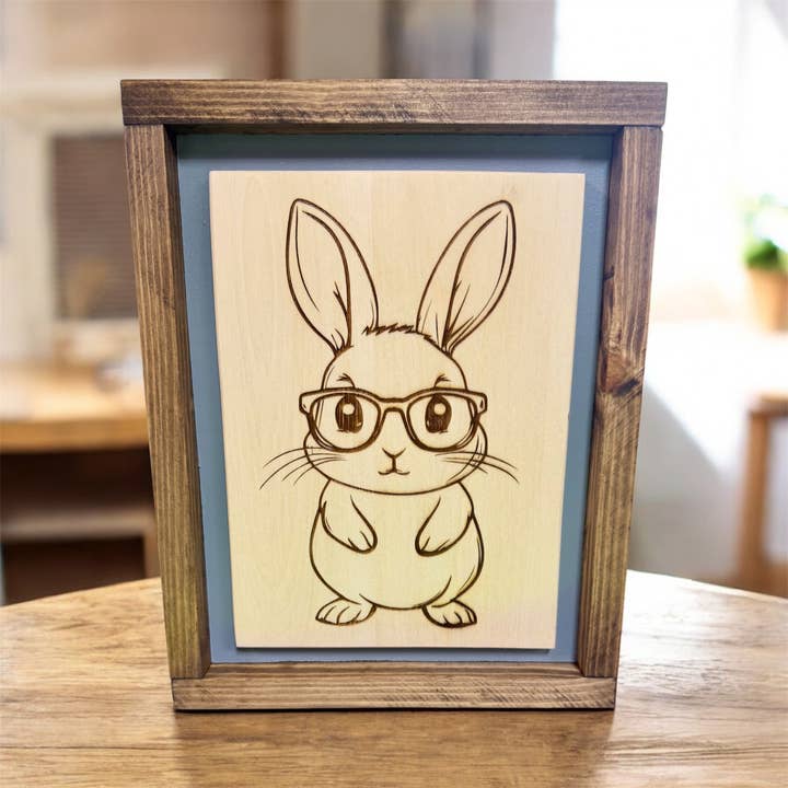 Handcrafted Bunny Wood Sign with Glasses | Handmade for wholesale by Faithful Creations Studios