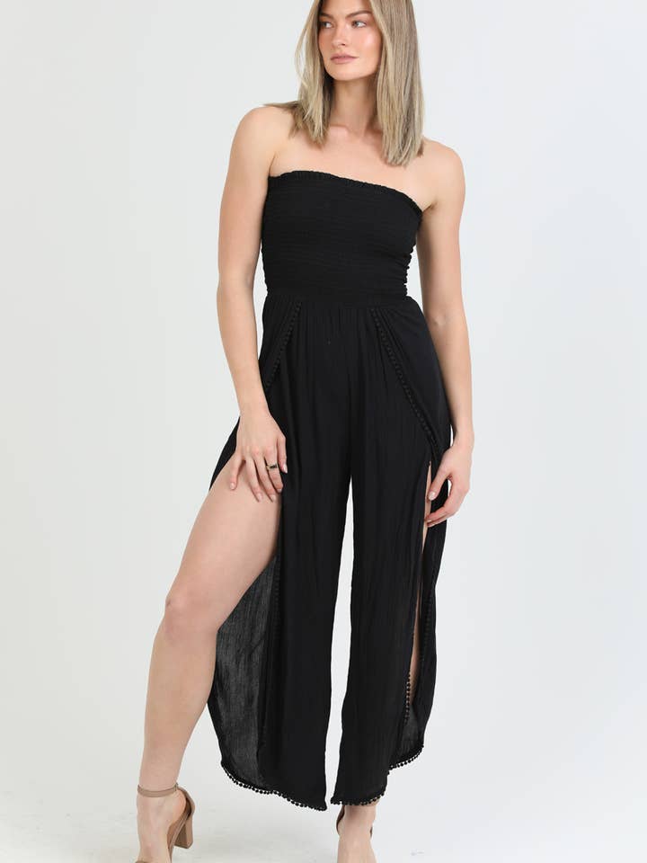 B5959-ASIS SMOCKED BODICE STRAPLESS WRAP LEG JUMPSUIT for wholesale by ANGIE