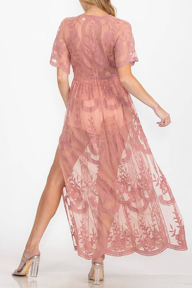 GINGER V NECK FULLY LACED MAXI DRESS WITH SLIT SIDE  for wholesale on Faire2