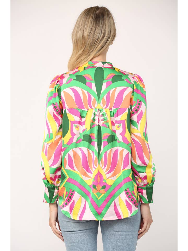 YELLOW PINK ABSTRACT PRINT STANDING COLLAR BUTTON DOWN SHIRT FT8911 for wholesale on Faire