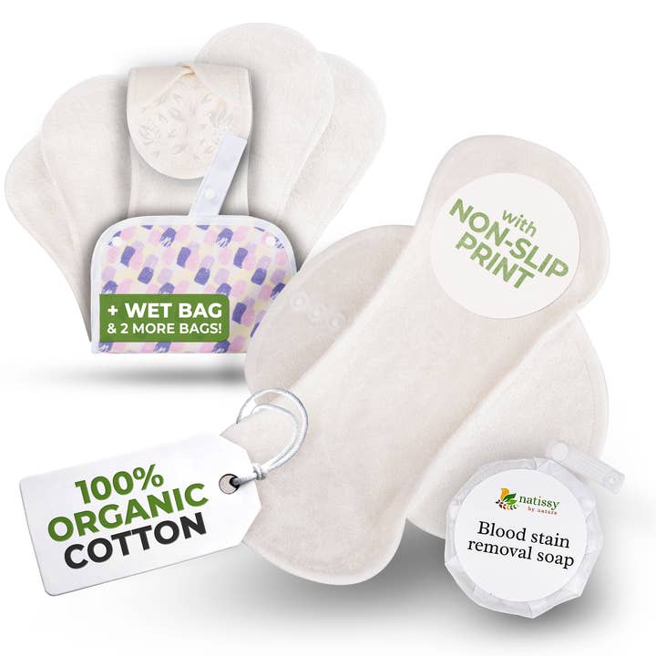 Non-Slip Organic Reusable Period Pads for Light Flow (S+M, 6-Pack) - Plain White Bamboo for wholesale by natissy