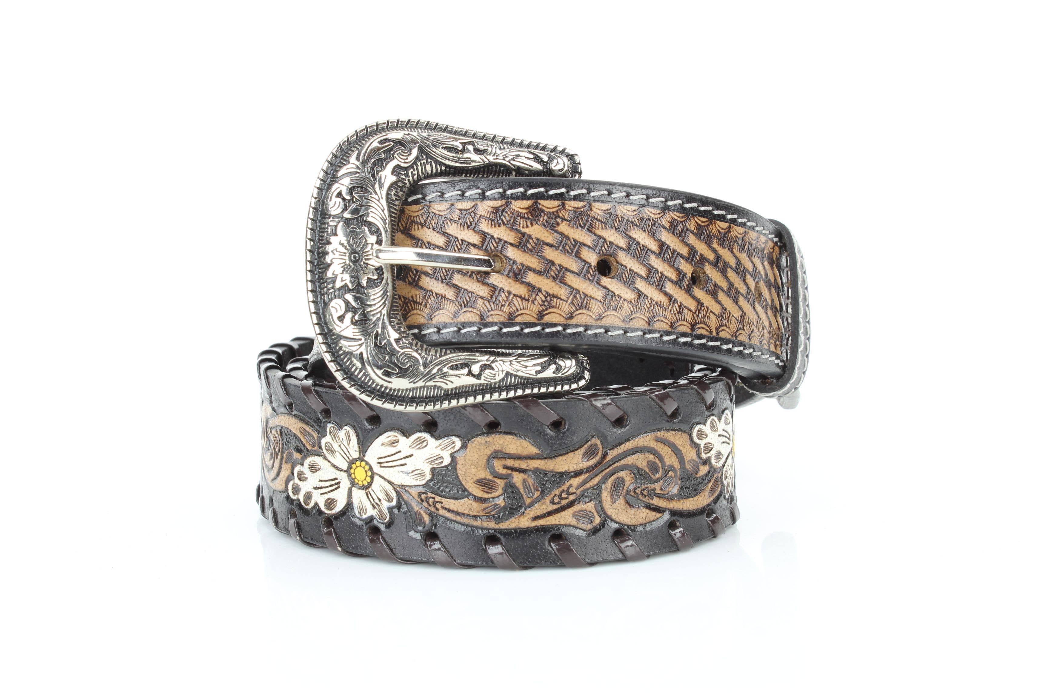 Leather Impressions Inc - Wholesale Belt - Women's - Floral Belt | White Painted Flowers & Whipstitch ABB-14-121