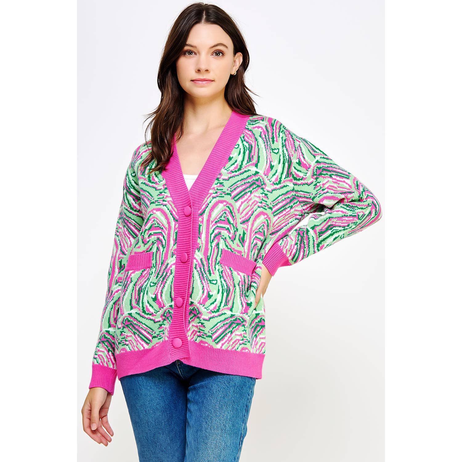 Rosa/Grön Multi Swirl Print Stickad Cardigan för wholesale på Faire5