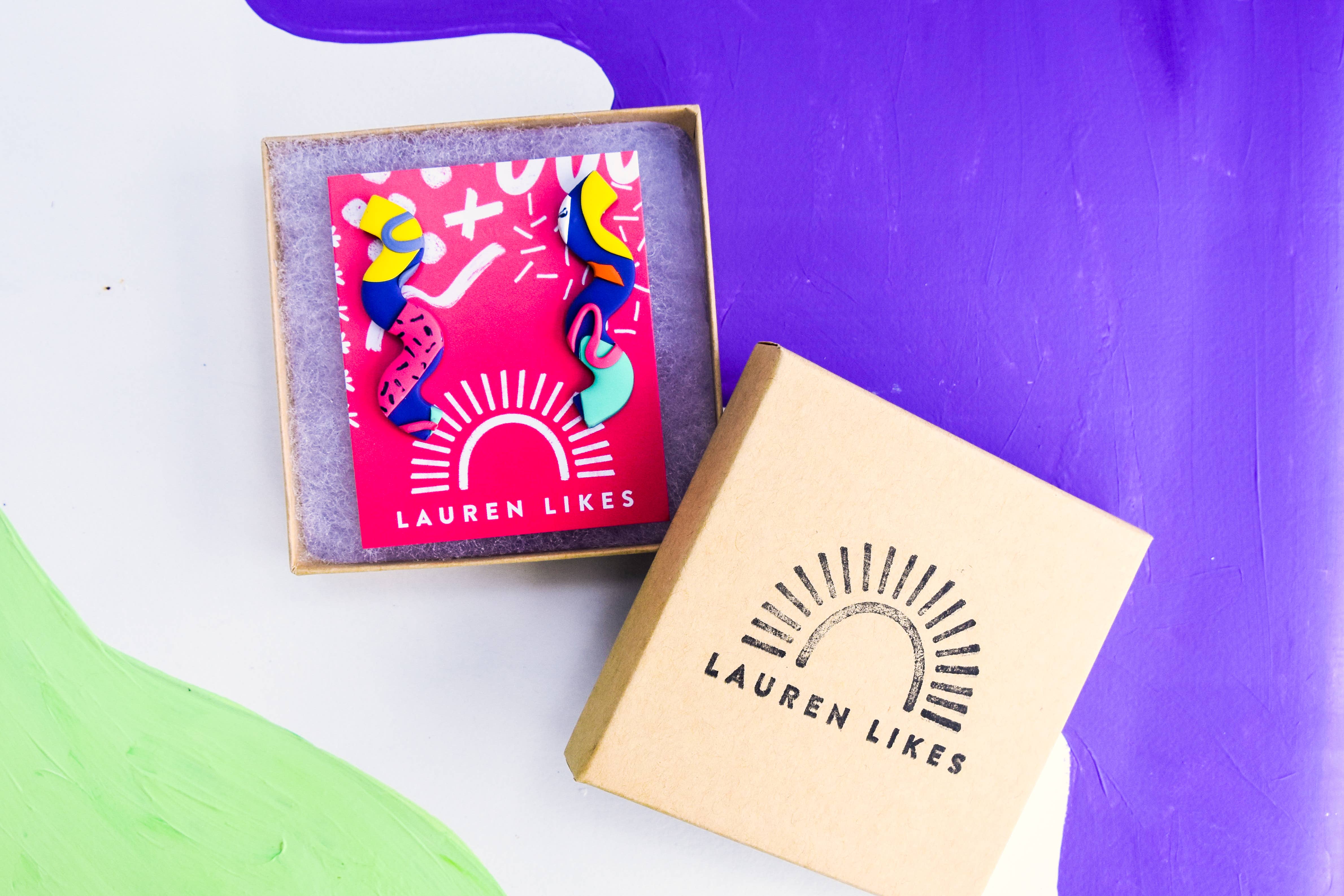 Lauren Likes Art - Wholesale Dangle Earrings - Colorful Squiggle Earring 90s Purple Polymer Clay Wavy Stud5