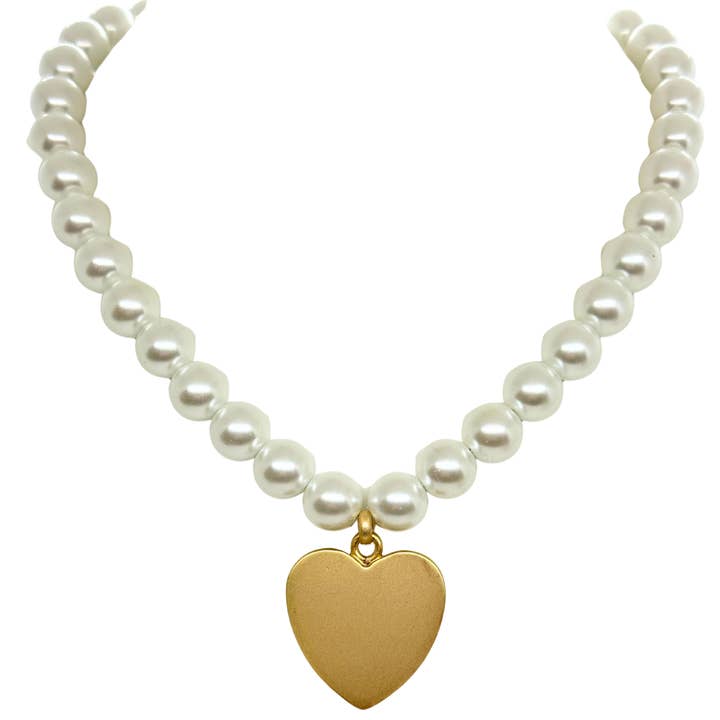 White 12MM Pearls With Medium Matte Gold Heart Pendant for wholesale by Deborah Grivas Designs