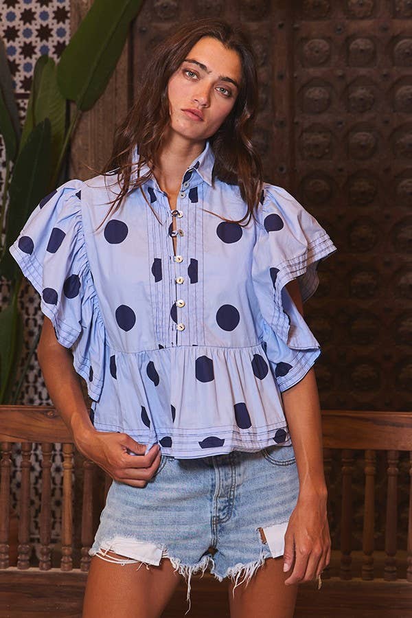 BUCKETLIST INC - Wholesale Blouse - Women's - IT2337 Ruffle Sleeves Pintuck Detail Polka Dot Print top7