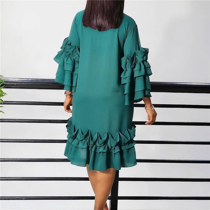 UZ Wholesale Store - Wholesale Dress - Women's - Stylish Ruffle Hem Trumpet Sleeve Dress4