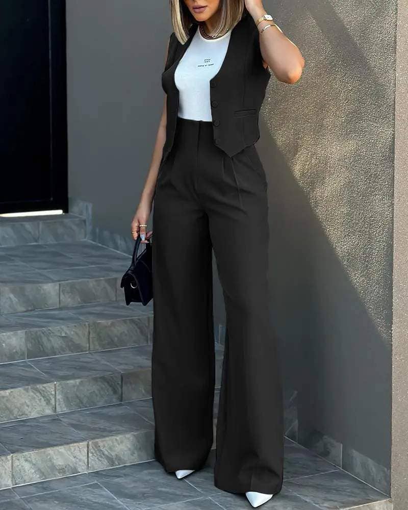 Flarix - Wholesale Top & Pant Set (NOT Loungewear) - Women's - buttoned vest top wide leg pants set11