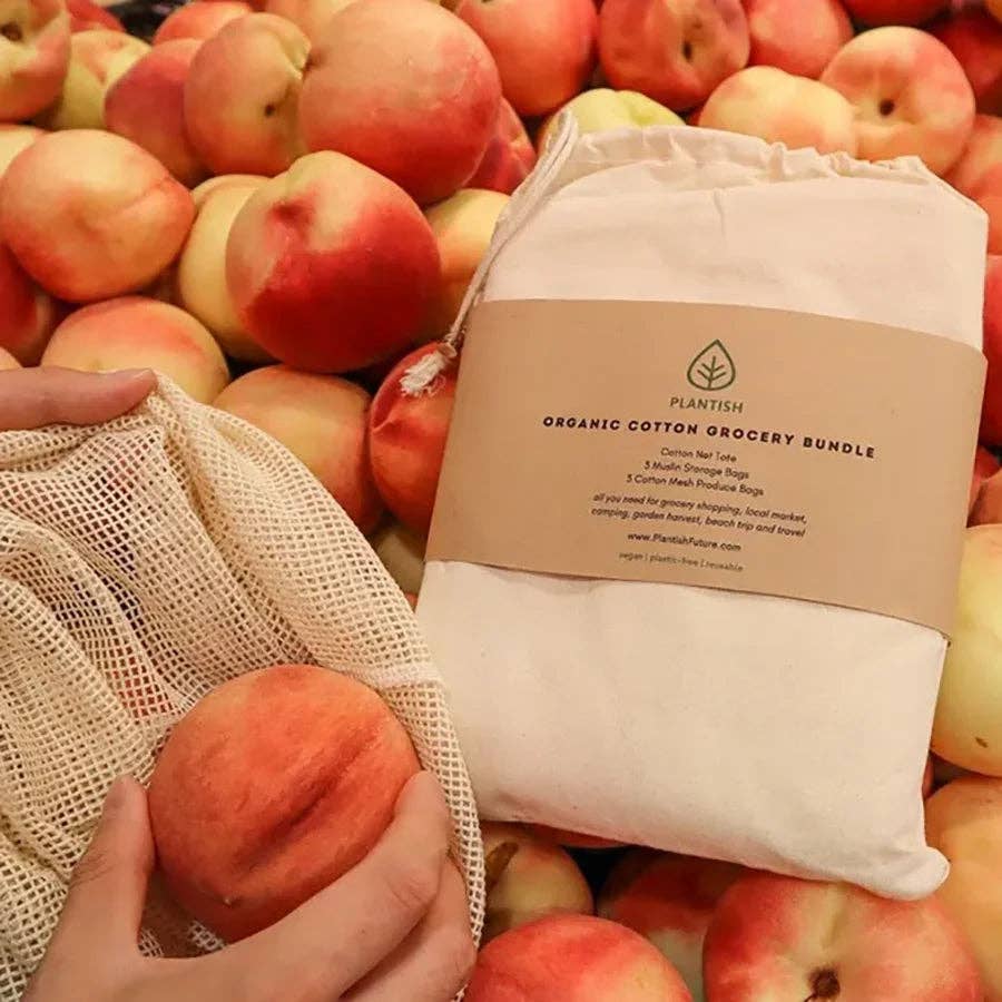 Plantish - Vente Sacs de course/à provisions - [ACHETER EN VRAC] Ensemble de 4 sacs à fruits et légumes en mousseline de coton biologique4