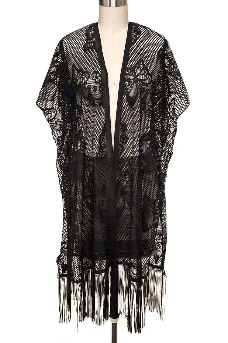 Artini Accessories - Wholesale Kimono - Women's - Open Knit Fringe Lace Kimono Cardigan0