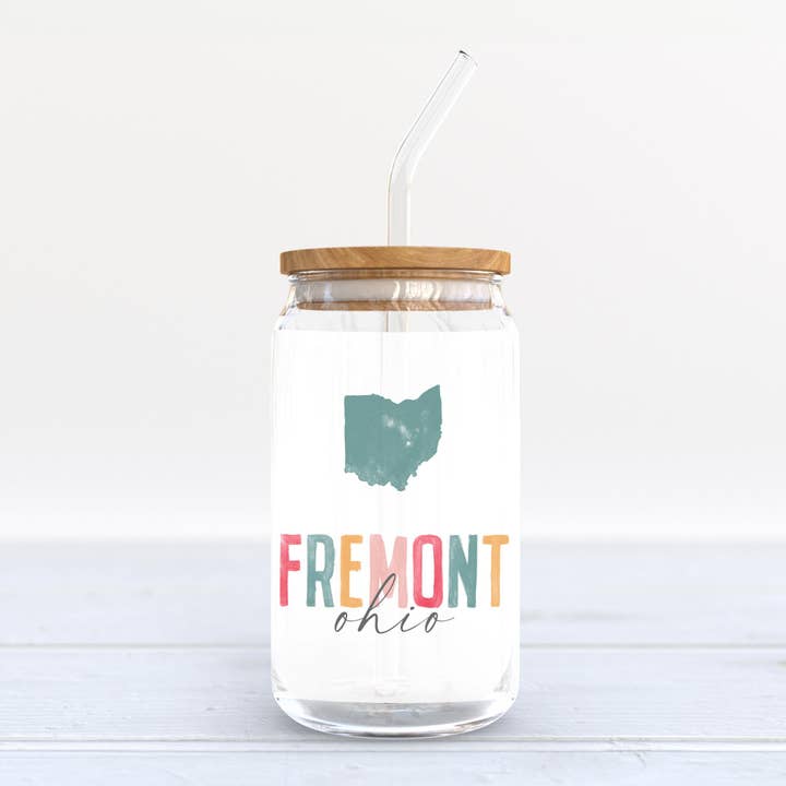 White 16oz Cold Brew Glass-Watercolor City Fremont Ohio for wholesale on Faire3