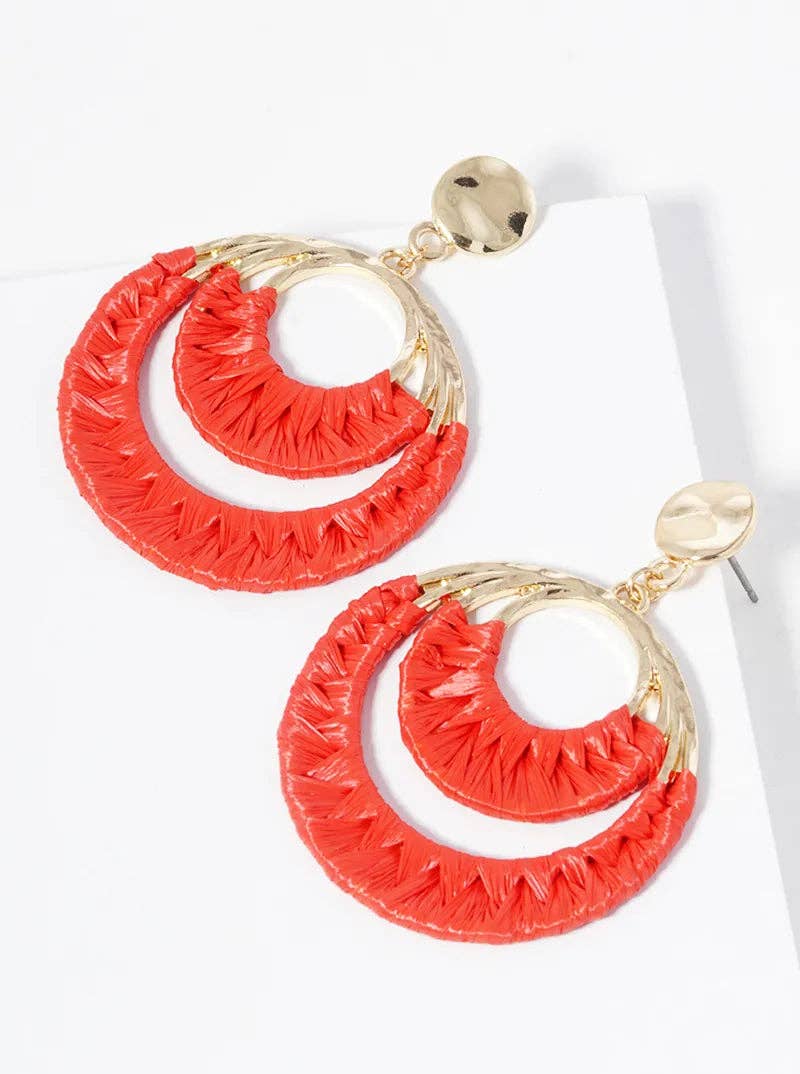 Wild Honey - Wholesale Dangle Earrings - Raffia Wrapped Double Circle Dangle Post Earrings0