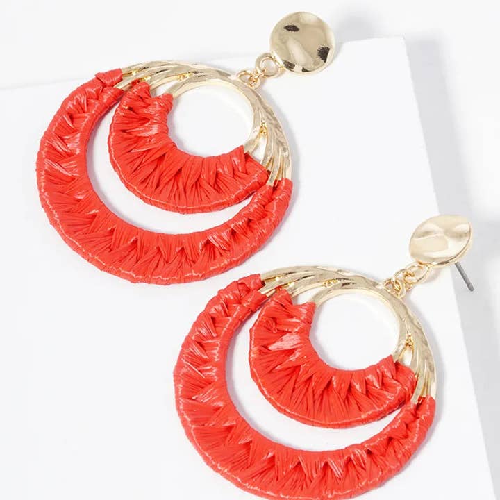 Wild Honey - Wholesale Dangle Earrings - Raffia Wrapped Double Circle Dangle Post Earrings
