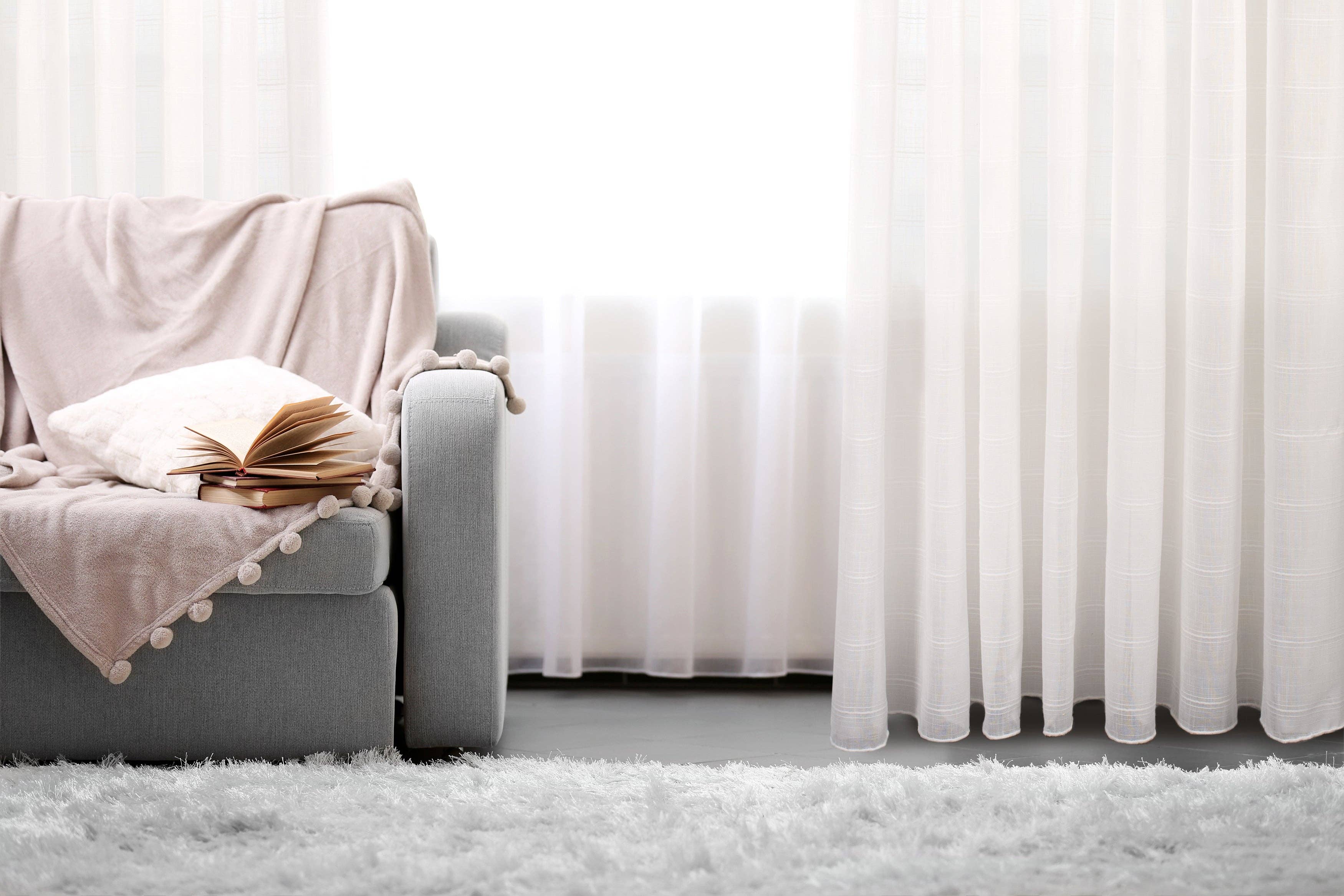 white Kozani Jacquard Plaid Sheer Grommet Curtain for wholesale on Faire1