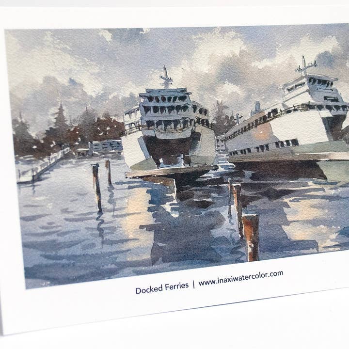 “Docked ferries” postcards - 25 pack for wholesale by Ina Xi Watercolor