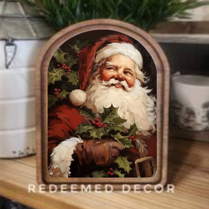 Arch Top Vintage Santa Framed Art for wholesale by Redeemed Decor