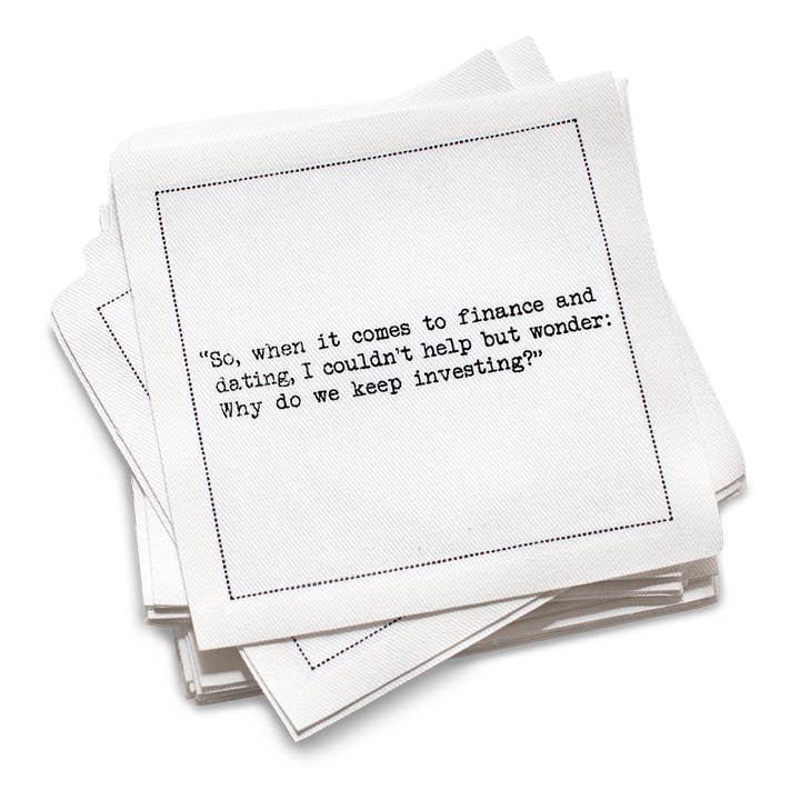 Carrie Bradshaw-citater - Hvide bomulds cocktailservietter 50x for engroshandel hos Five Star Napkins Inc.
