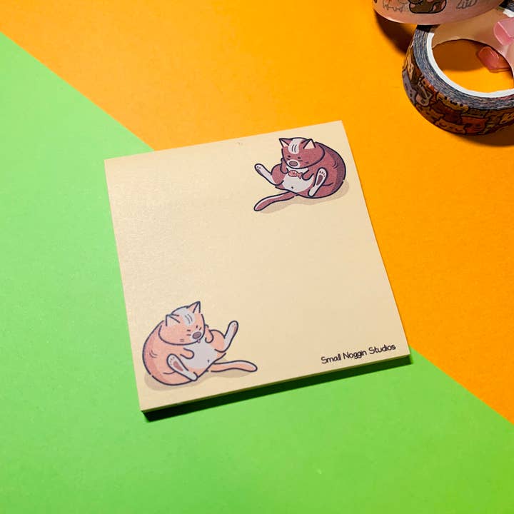 Small Noggin Studios - Wholesale Sticky Notes - Lazy Fat Cats Yellow Sticky Post it Notes, Cute Writing pads