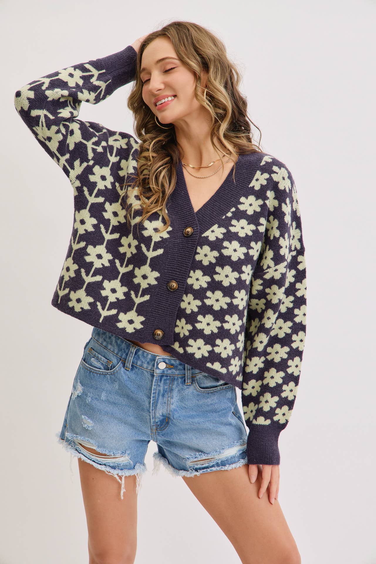 NAVY COZY PLAYFUL CASUAL FLORAL PRINT SWEATER KNIT CARDIGAN for wholesale on Faire7