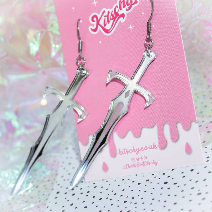Excalibur Sword Dagger Earrings Laser Cut Acrylic for wholesale by Kitschy