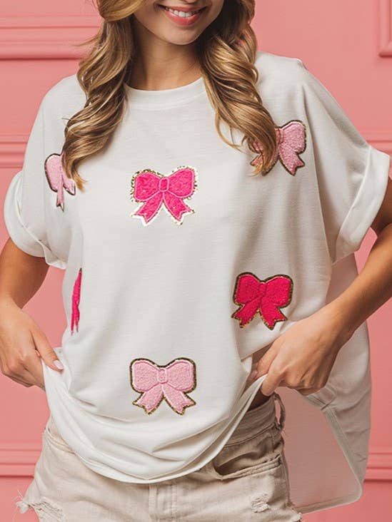 Rosa Clothing - Wholesale T-Shirt - Women's - Basic overfit Embroidered Bow Patch T-Shirt