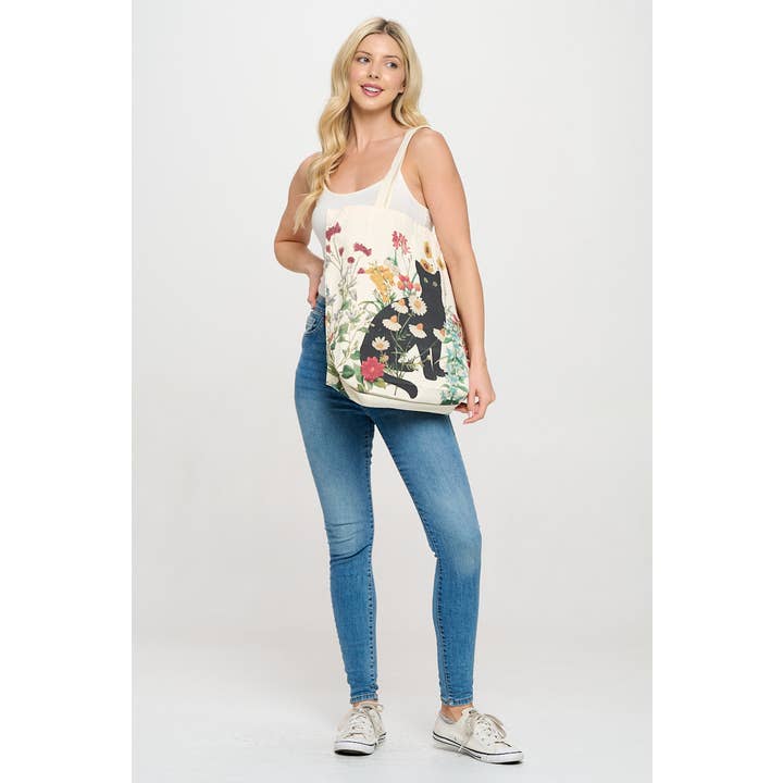 SM WARDROBE - Wholesale Tote Bag - Women's - CAT FLORAL PRINT TOTE BAG