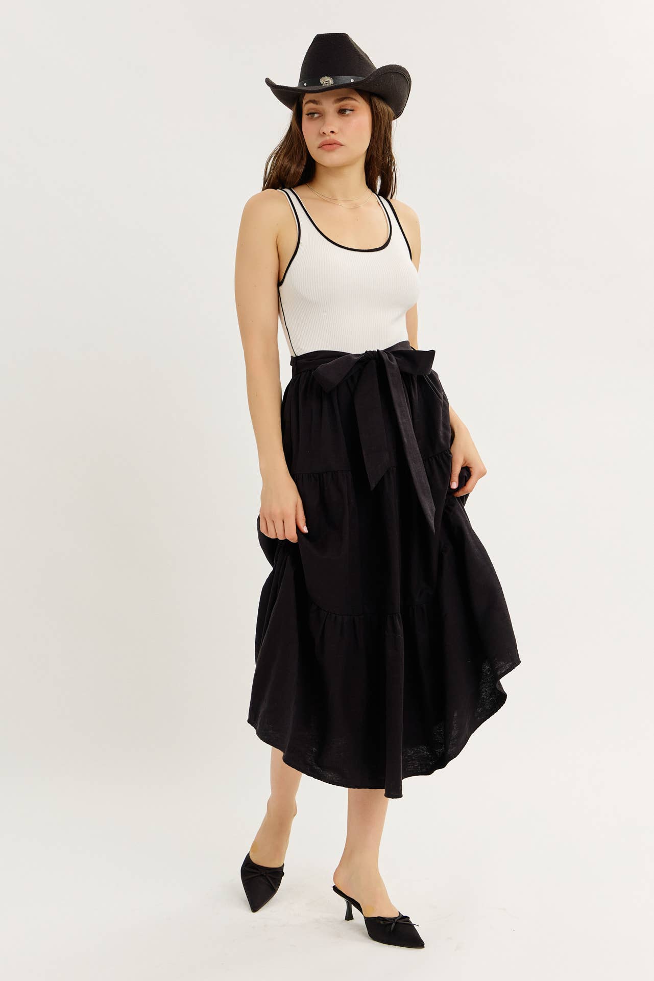 idem ditto - Wholesale Dress - Women's - MIXED MEDIA TIERED RUFFLE SWEATER TANK MIDI DRESS WITH BELT19