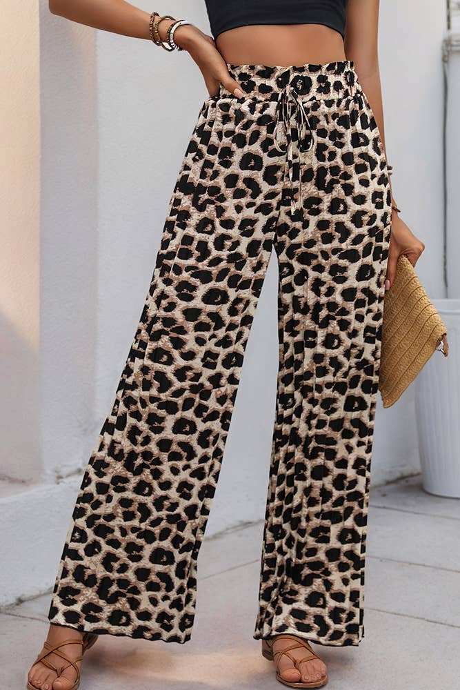 Black Leopard Pleated Wide-Leg High Waist Pants for wholesale on Faire1