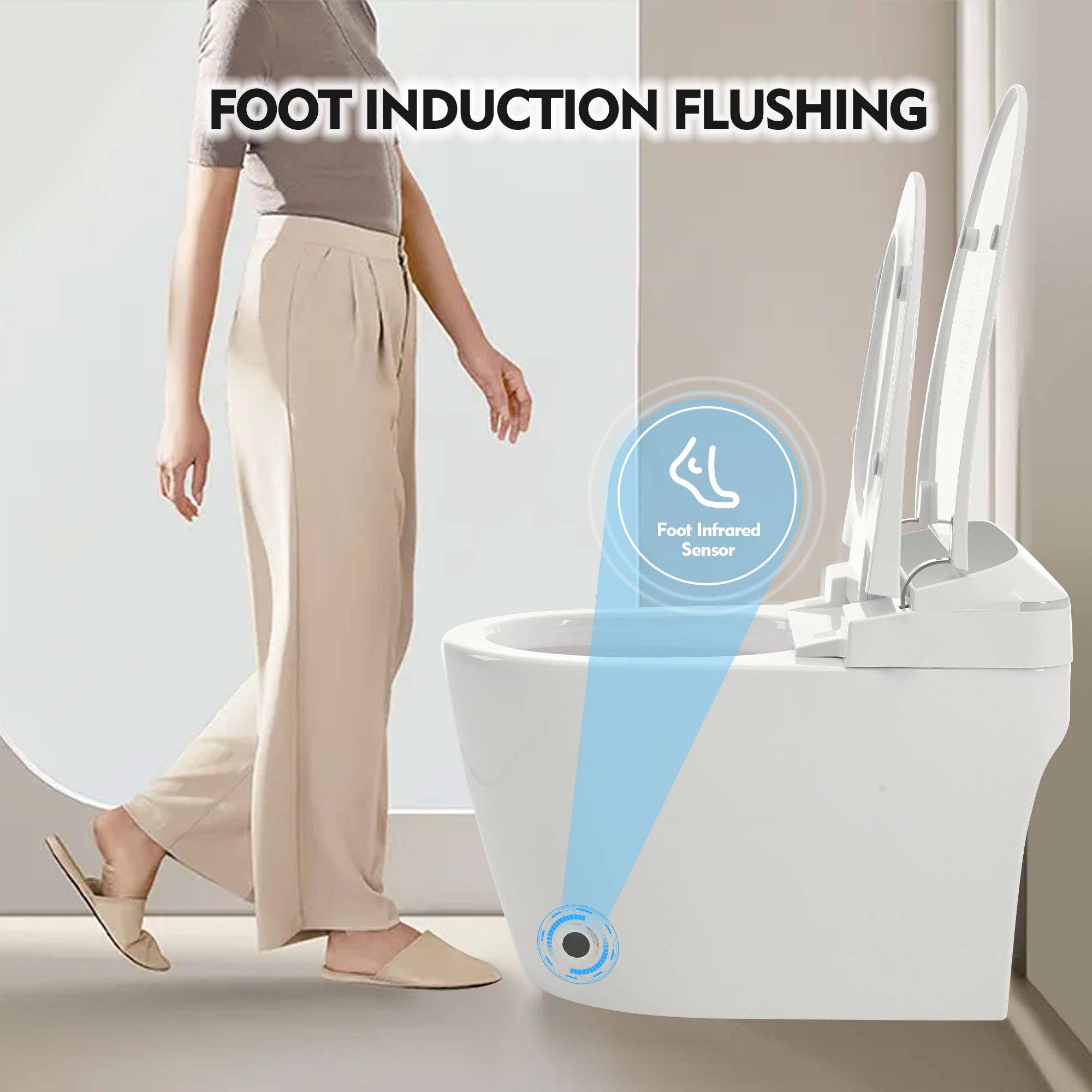 Orange County Decor - Wholesale Toilet Bowl Brush - Heated Seat Smart Toilet, One Piece Toilet, Automatic Flush Tank Less Toilet Without Bidet, With Foot Sensor Flush, White Night Light, Knob Control, Power Outage Flushing, Soft Close Cover,White3