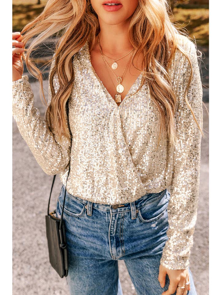 Beige Body con scollo a V a maniche lunghe con paillettes in vendita all'ingrosso su Faire