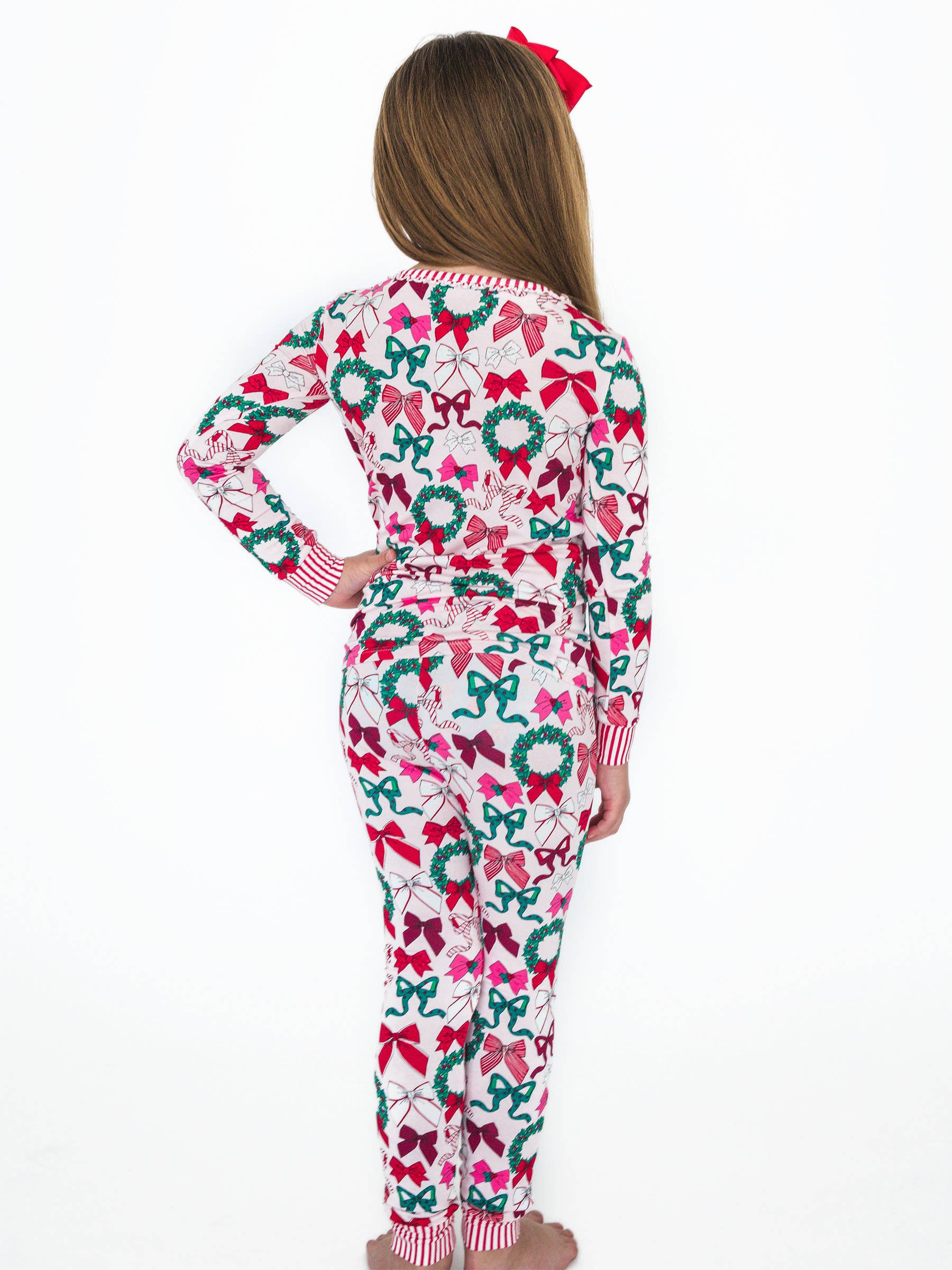 Pink SoftSnooze™ Girls Bamboo Viscose Holly Bows Ruffle Long Sleeve Pajama Set for wholesale on Faire1