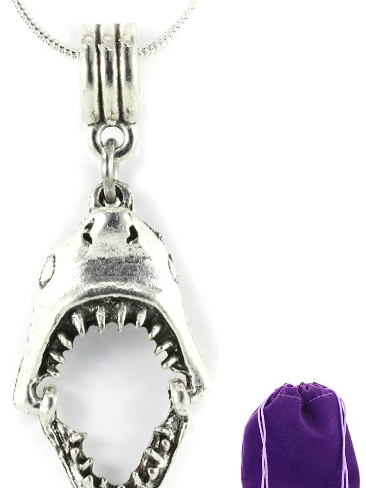 Shark Tooth Necklace | Shark Necklace on a 22 inch Stainless Steel Chain a Shark Jaw Charm on a Shark Tooth Necklace for Men and Women with Moveable Jaw Shark Charm with Shark Teeth for Biting Action for wholesale by Dave The Bunny