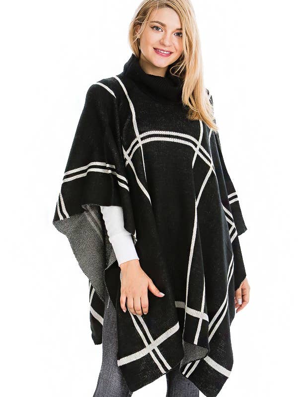 Wide Print Oft Plaid Turtle Neck Softness Poncho for wholesale by Cap Zone