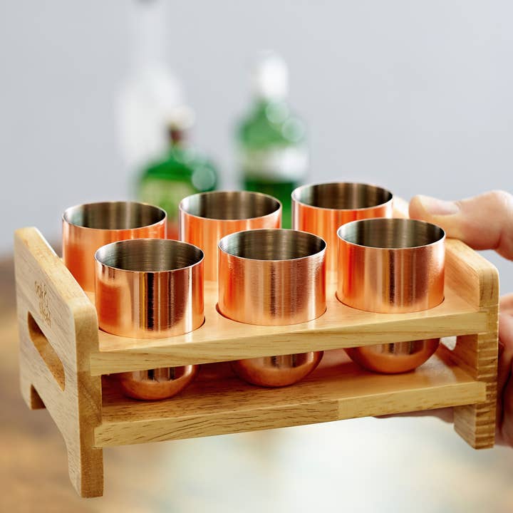 Oak & Steel – Großhandel Schnapsgläser – 6 roségoldene Edelstahl-Schnapsgläser mit Halterablage