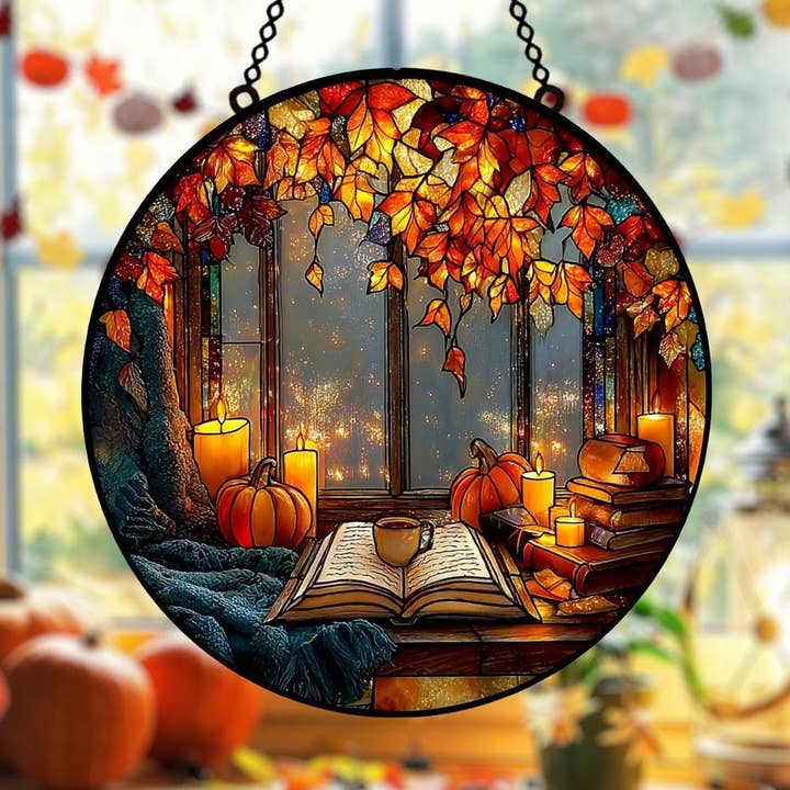 Cozy Book Autumn Stained Glass Suncatcher, Fall Pumpkin Gift for wholesale by TMLECOM LTD