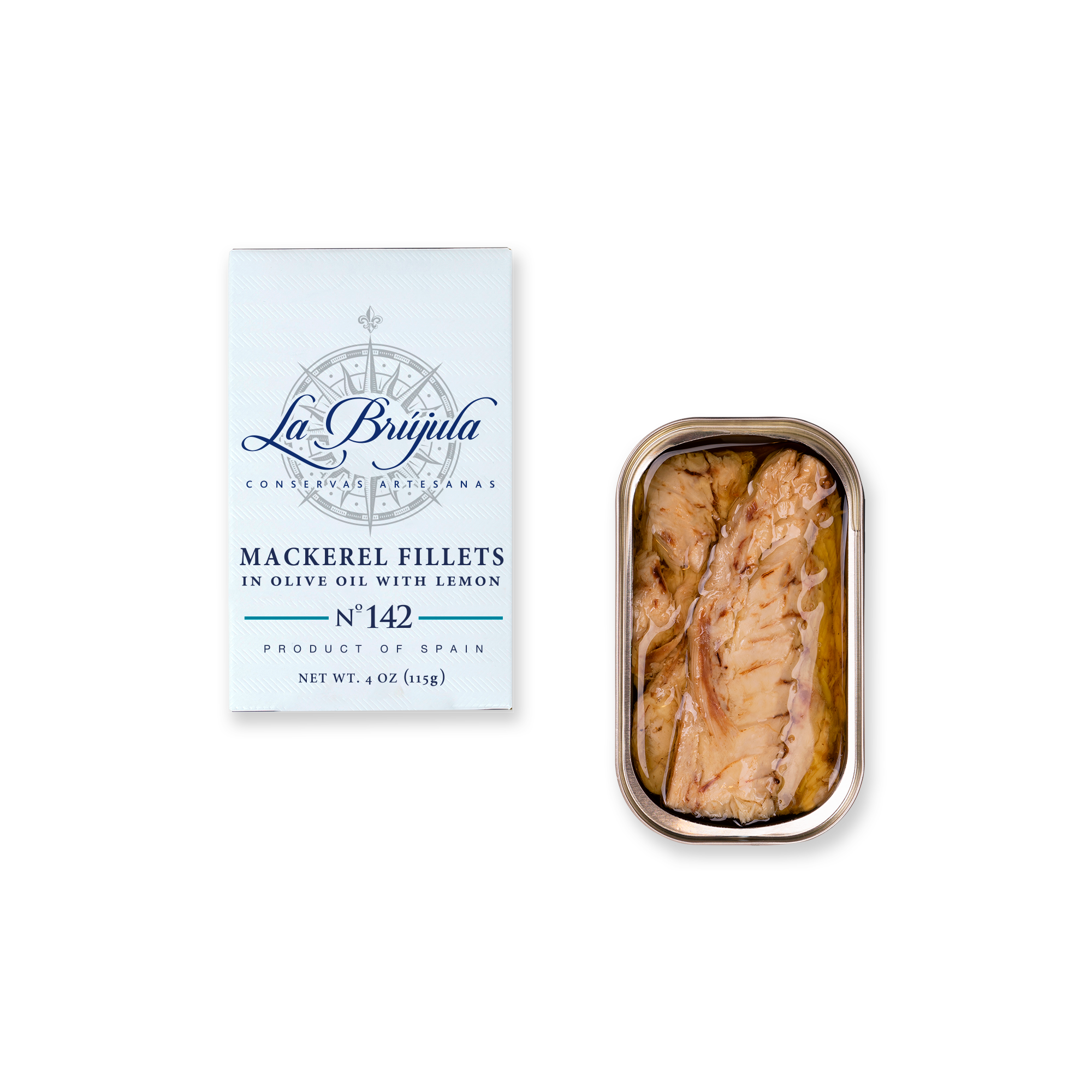 Conservas La Brújula – Engroshandel Fisk på dåse – Makrelfileter i olivenolie med citron fra Conservas La Brújula0