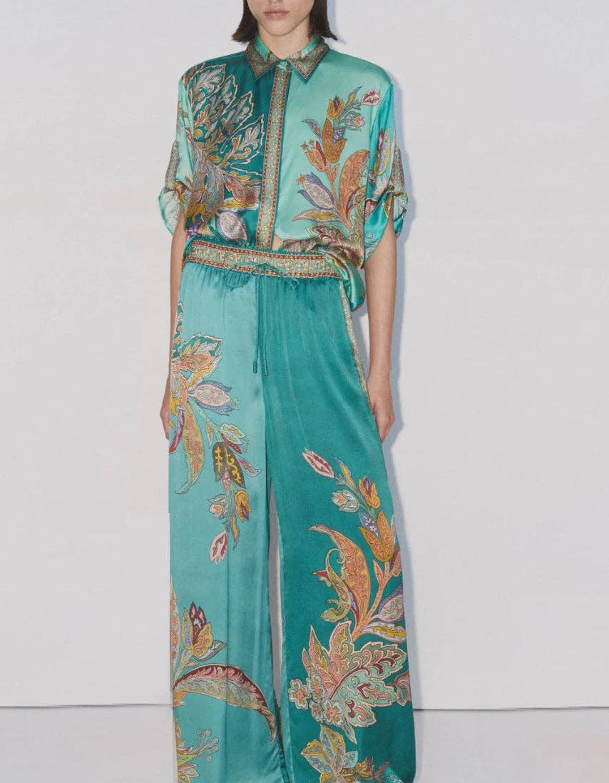 Set van twee stuks 2025 nieuwe vintage print satijnen set met retro chique en modern comfort voor groothandel op Faire4