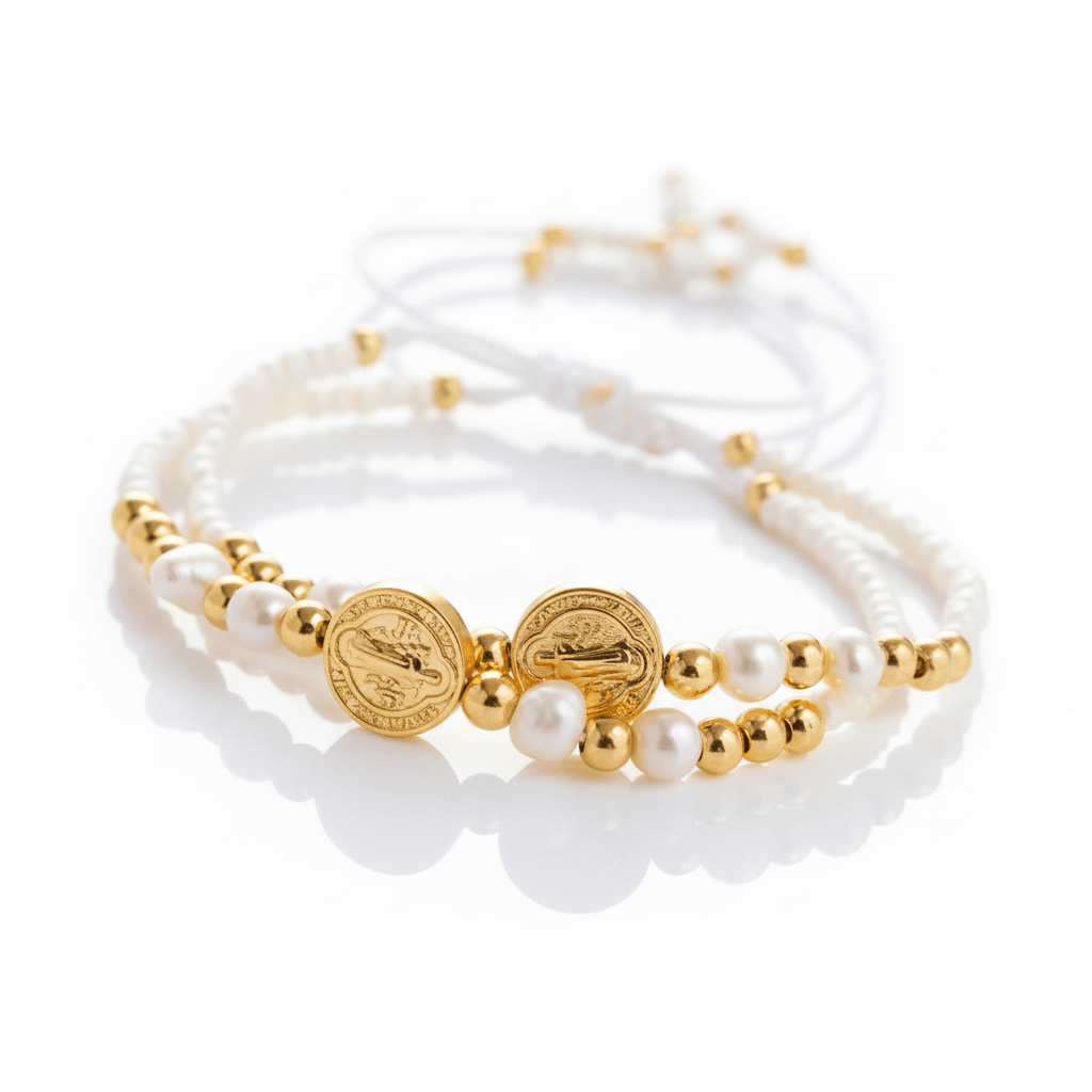 Guadalupe Gifts - Wholesale Beaded Bracelet - Gold-Plated St Benedict Fresh Water Pearls Bracelet 7.5”1