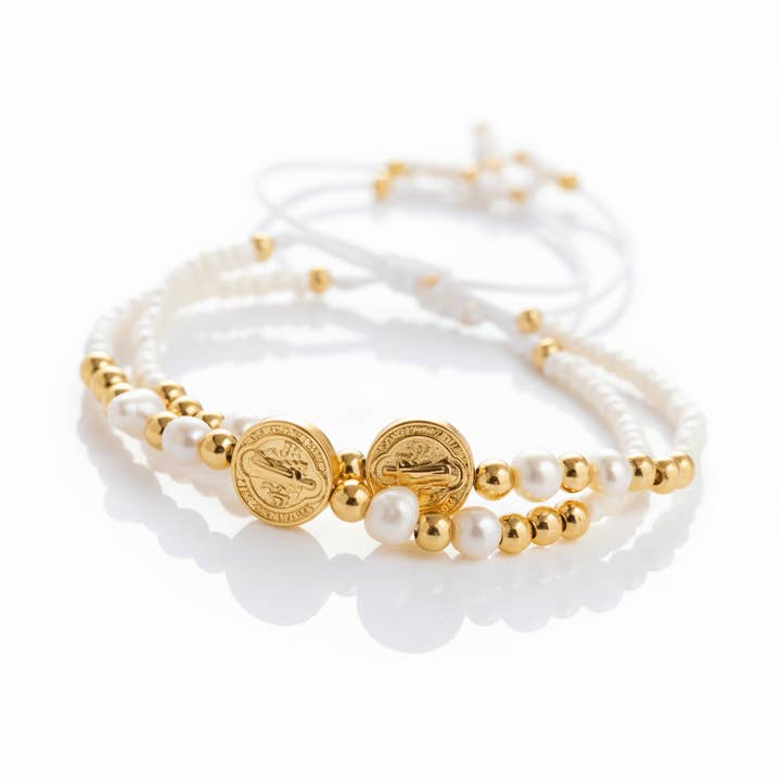 Guadalupe Gifts - Wholesale Beaded Bracelet - Gold-Plated St Benedict Fresh Water Pearls Bracelet 7.5”1
