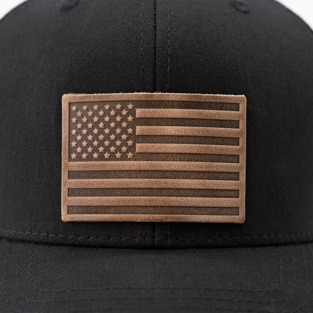 Range Leather Co. - Wholesale Trucker Hat - Unisex - American Flag Hat - Leather Patch Trucker Snapback1