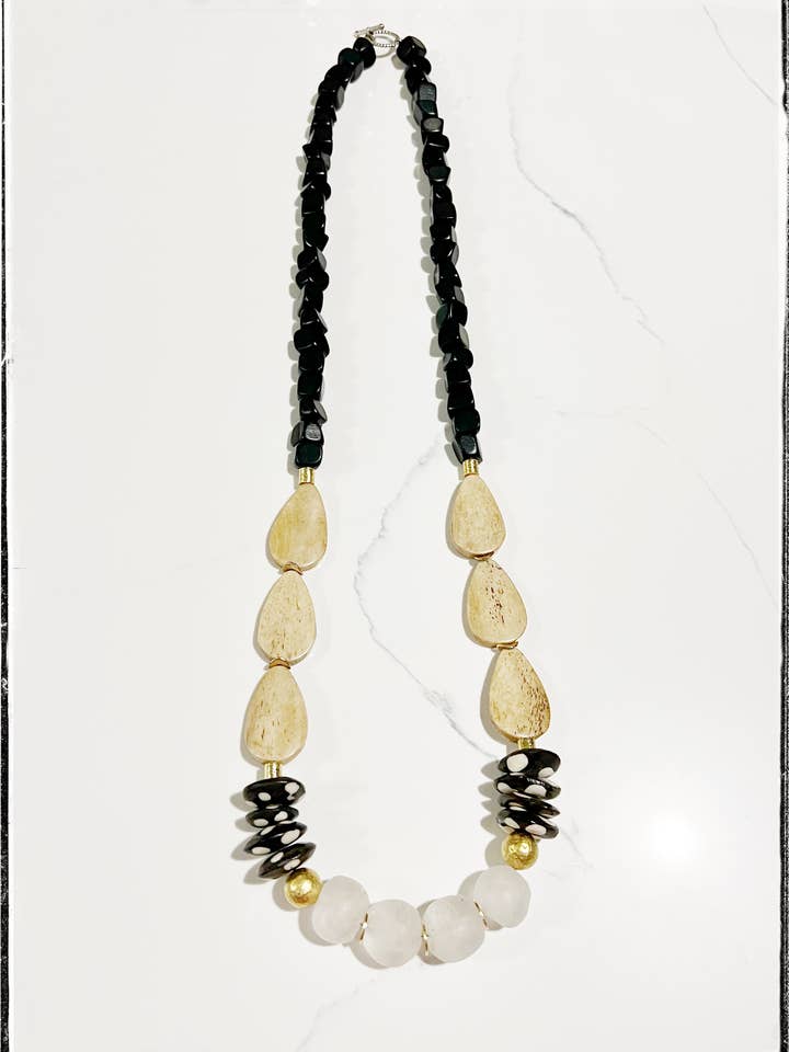 Wood & African Bone Bead Long Necklace Polka Dot Black Glass for wholesale by GentrybyJenna