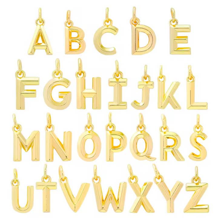 Moderne Minimalistische Initiaal Letter Bedel Set (A-Z) ~ 14k Verguld Messing voor wholesale door Deep South Originals Inc.