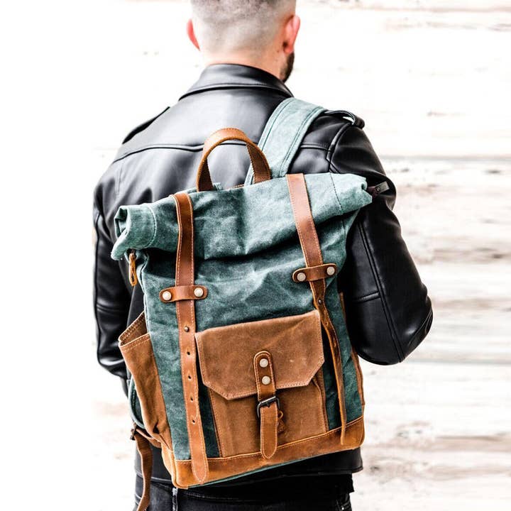 RockCow Leather Studio – wholesale Ryggsäck - Unisex – Vaxduk med fullnarvläder Reseryggsäck Vattentät vaxad duk Laptopryggsäck Canvas Utomhusryggsäck
