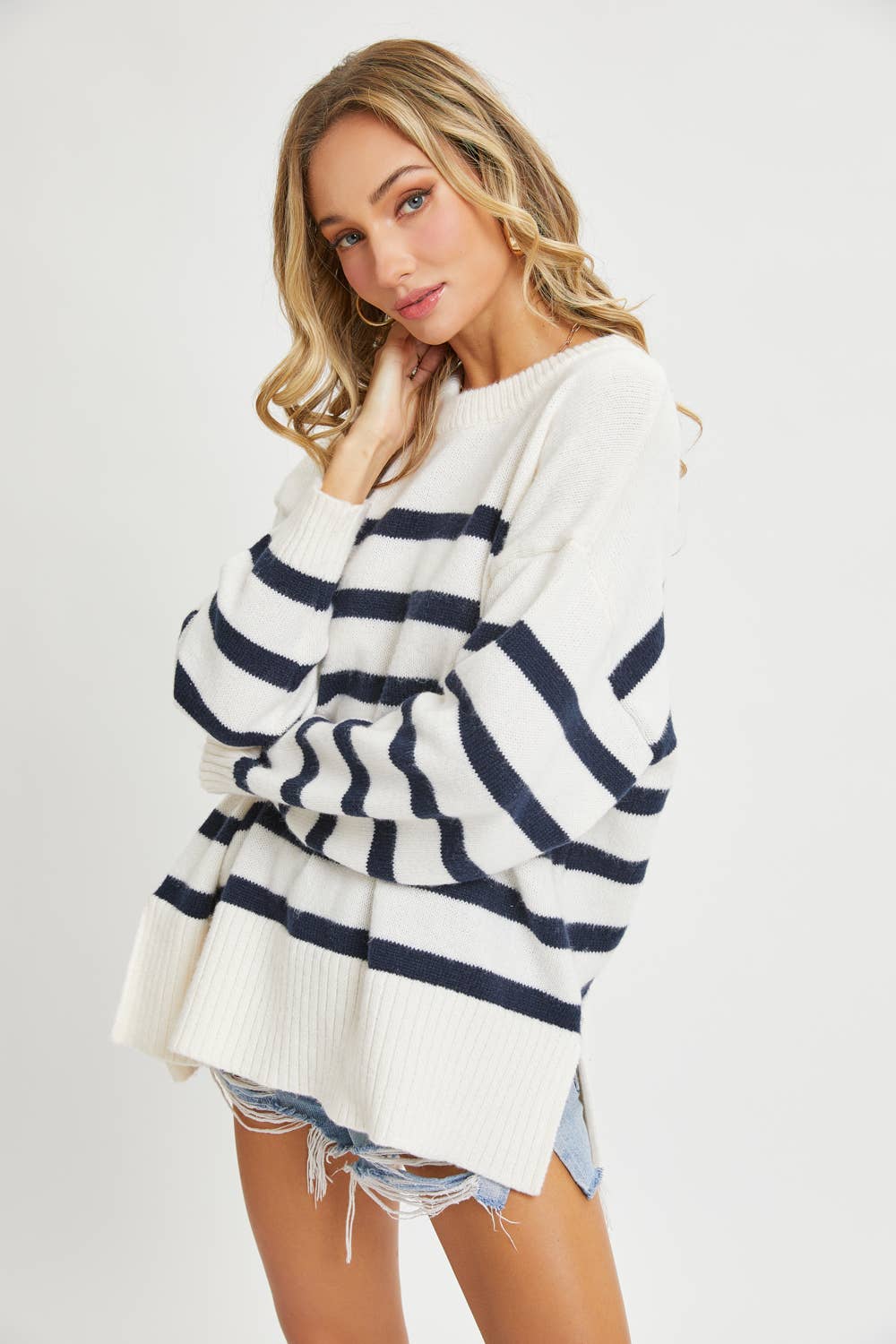 Sweet Lovely by Jen - Wholesale Tunic Sweater - Women's - STRIPED PULLOVER OVERSIZE SWEATER