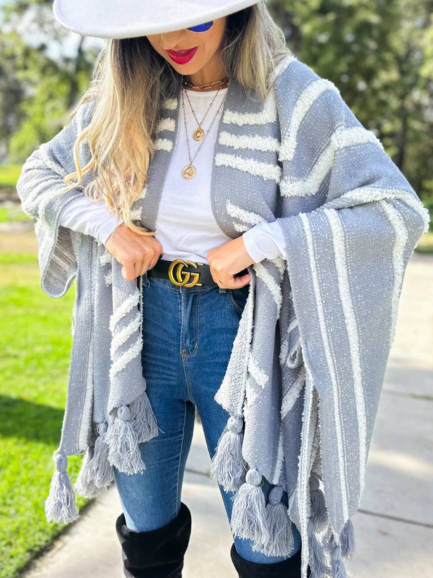 Grey Western Textured Pattern With Chunky Tassel Cardigan for wholesale on Faire2