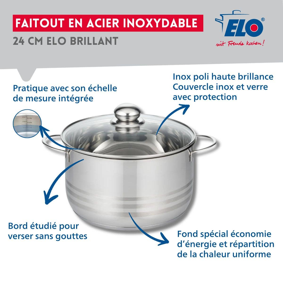 Elo – Panela por atacado – Caçarola alta Elo Brillant de aço inoxidável 24 cm sem PFAS2