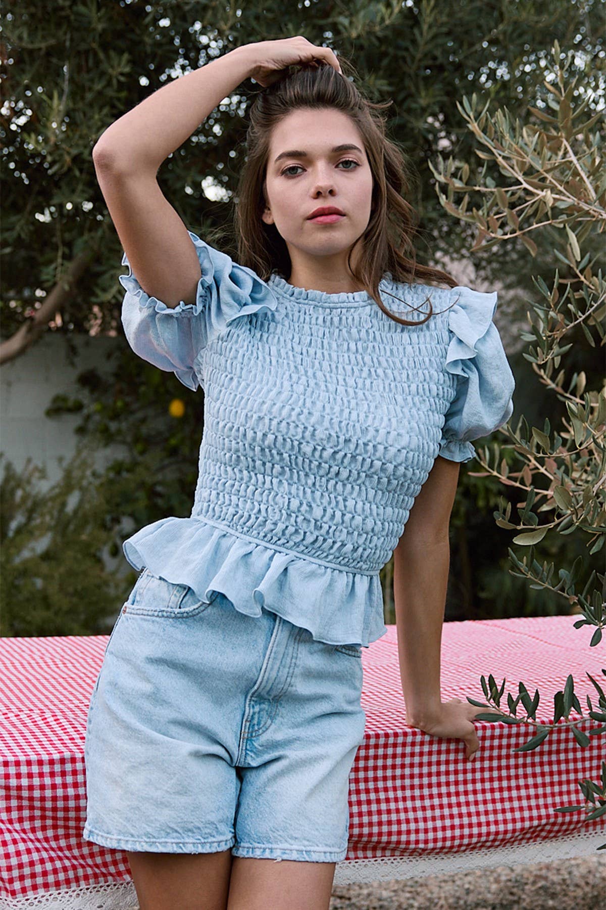 RAISONNEL - Wholesale Blouse - Women's - Linen Ruffle Smocking Blouse - RT10528