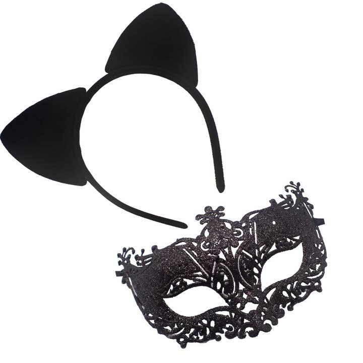 Black Masquerade Mask and Cat Ears set, Face Masks, Fancy Dress, Alice Bands Adult Women, Venetian Mask, Cat Costume, Dress Up, Cosplay Accessories for wholesale on Faire